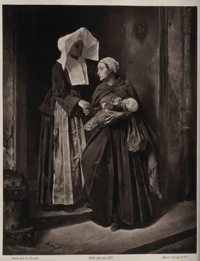 A nurse bidding farewell to a poor woman leaving hospital with her new baby