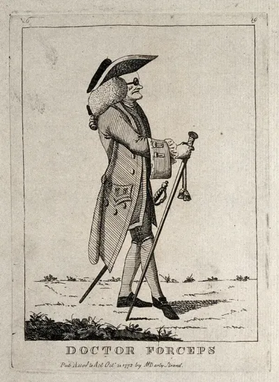 A obstetrician dressed in a grand manner, wearing a sword and carrying a tall cane