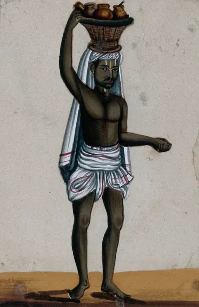 A oil monger carrying a basket with pots filled with oil on his head