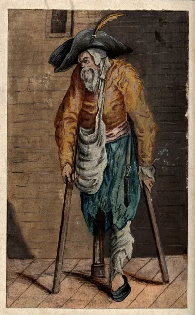 A one-legged beggar with two crutches