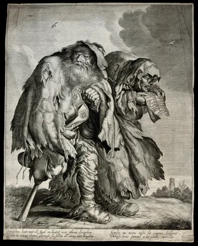 A one-legged hurdy gurdy player dressed in rags with his companion, an old woman dressed in rags reading from a song sheet