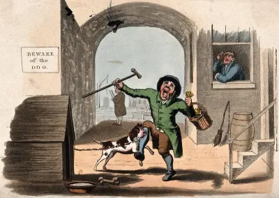 A one-legged man with a basket of flowers on his arm is being bitten on the leg by a dog from a kennel, another man in the window raises his glasses to watch