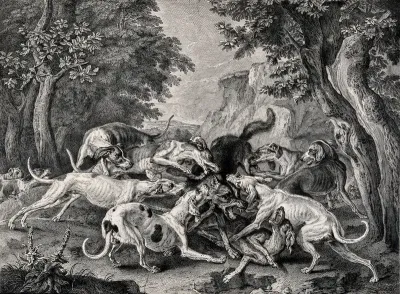 A pack of hounds attacking a wolf ferociously in a forest