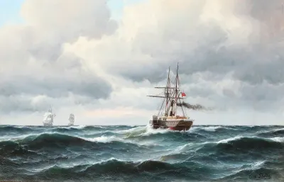 A paddle steamer in rough weather.