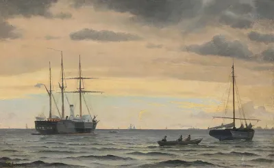 A paddle wheeler and boats near a coast.