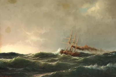 A paddle wheeler in heavy seas at sunset.