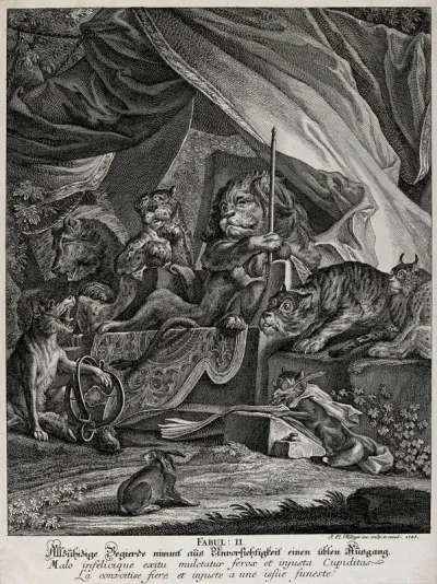 A pained wolf with its paw in a caltrop is presented to the lion and its attentive looking entourage of wild animals in a makeshift camp in the forest with a fox scribbling in a book