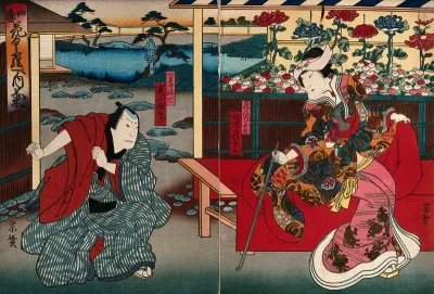 A pair of actors at a chrysanthemum display