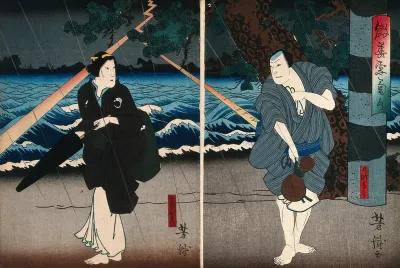 A pair of actors by a lake in a storm