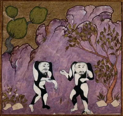 A pair of fabulous creatures, human in appearance but with no necks and with black and white patterns over their bodies