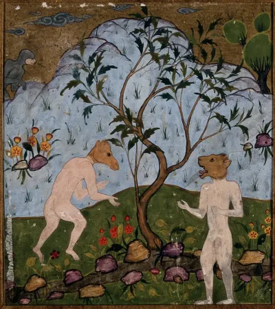 A pair of fabulous creatures, human in appearance but with the heads of animals