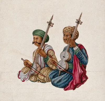 A pair of musicians playing Indian stringed instruments, with bows