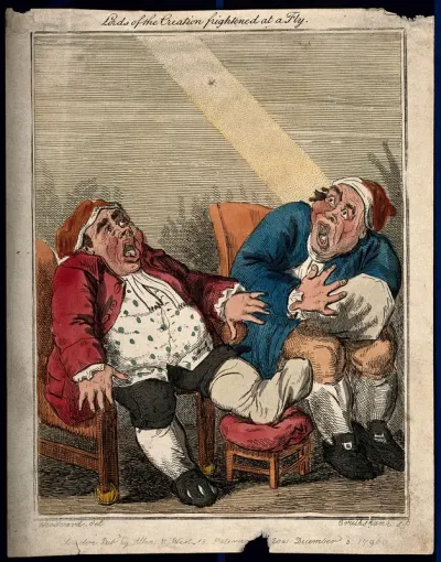 A pair of obese gouty men in night-caps gaping at a fly in fear that it may land on a gouty limb
