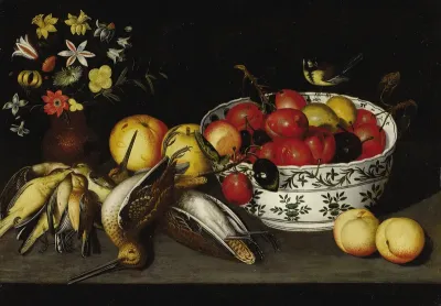 A pair of still lifes with flowers, birds, and fruit