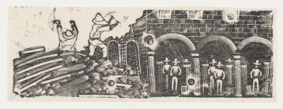 A pair of workers atop a pile of rubble and other workers watching them
