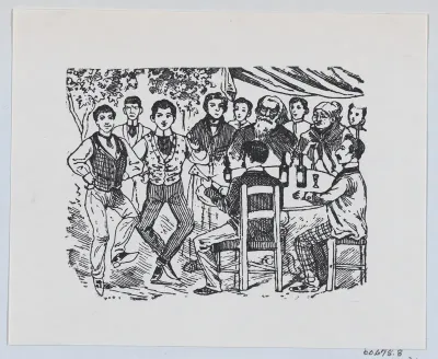 A pair of young men dancing for a crowd of older people