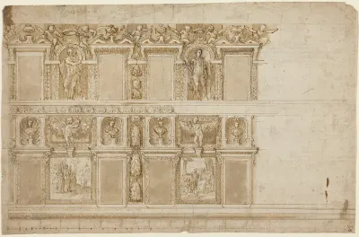 A Palatial Wall Ornamented with Sculptures and Paintings