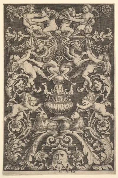 A panel of ornament with putti, goat and other figures
