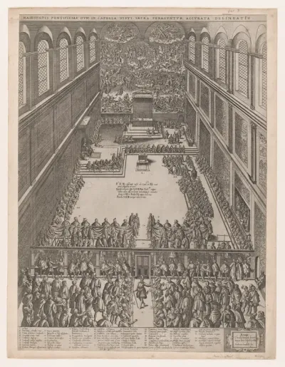 A Papal Gathering in the Sistine Chapel, Michelangelo's Last Judgement on the back wall; the crowd looks on through a screen, from "Speculum Romanae Magnificentiae"