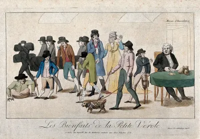 A parade of wretched, smallpocked people walk away from a doctor who counts his money