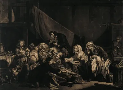 A paralysed old man being comforted and nursed by his children