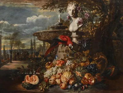 A parrot, melons, peaches, pomegranates, grapes and cherries in an Italianate park