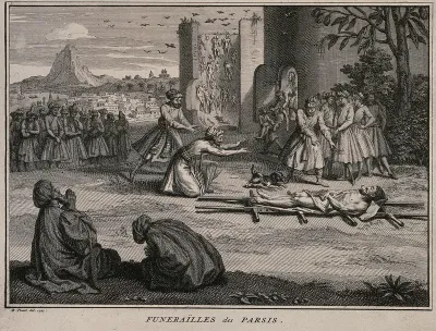 A Parsee or Zoroastrian funeral: the body is viewed by a dog, before being exposed on a tower to be eaten by vultures