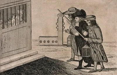 A parson accompanied by two constables on his way to visit prisoners in a parish lockup