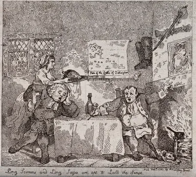 A parson guilty of long tedious sermons has fallen asleep as a veteran relates at length the tactics used at the battle of Dettingen: both ignore a woman who brings them a dish of cooked chicken