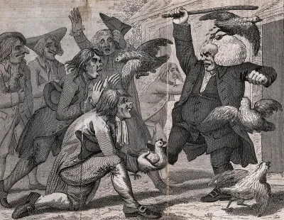 A parson is being attacked by a mob with hens