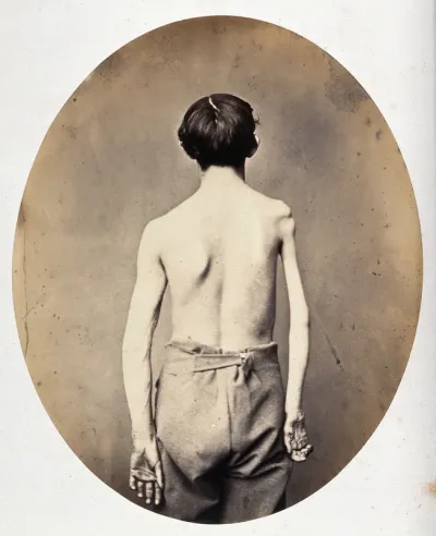 A partially clothed man, standing, viewed from the back; his right arm and shoulder appear severely deformed