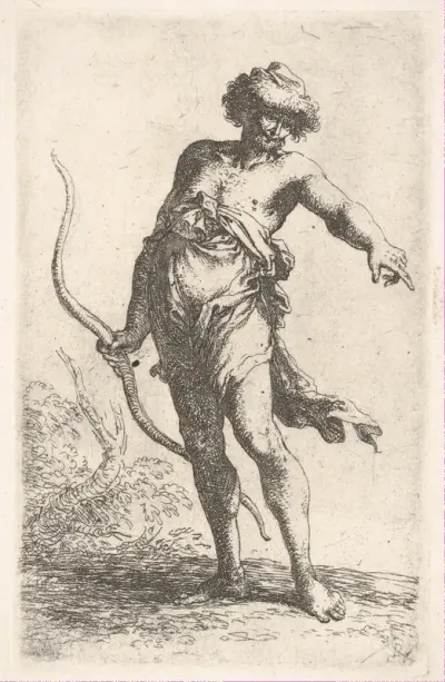 A partially dressed man holding a bow in his left hand and pointing with his right, from "Figurine"
