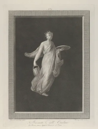 A partly naked bacchante holding a disk in her raised left hand and a bucket in her right