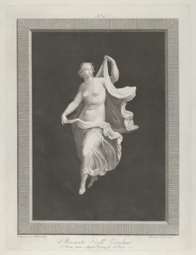 A partly nude bacchante stepping forward and holding ends of her drapery in each hand