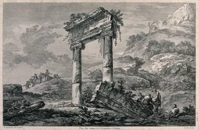 A party of men in robes and turbans are gathered at the base of a ruined arch, men on horseback are riding over the hill