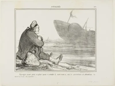 A passenger having paid his ticket to NEW YORK on the LEVIATHAN, waiting for the ship finally being put into the water, plate 479 from Actualités