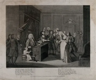 A paternity suit: in a courtroom, a judge, a guilty looking woman, an enraged wife, and the supposed father
