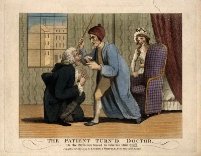 A patient forcing a doctor to take some of his own medicine