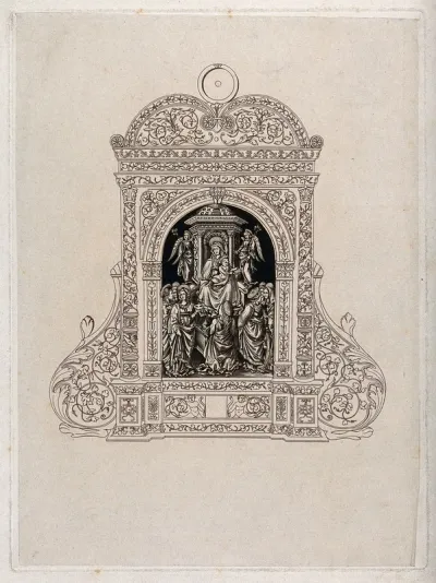 A pax-board (osculatory), containing sculptures of Saint Mary (the Blessed Virgin) with the Christ Child, and saints