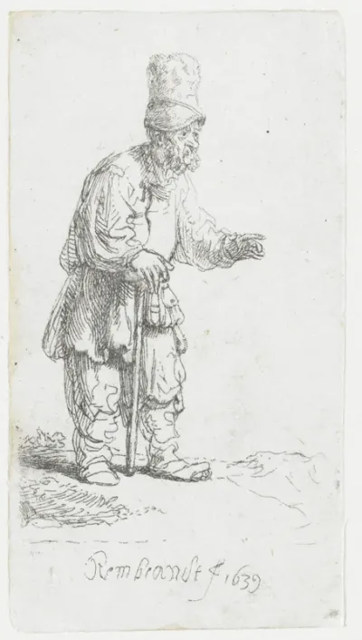 A peasant in a high cap, standing leaning on a stick