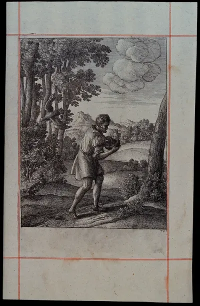 A peasant is carrying the nest of a nightingale, which is is sitting on a bush and is about to be swooped by a hawk; illustration of a fable by Aesop