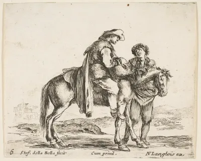 A peasant on horseback in profile facing the right, holding a basket and talking to another man standing behind the horse, plate 6 from "Diversi capricci"