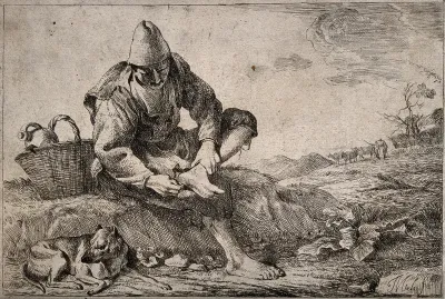 A peasant without shoes removing a thorn (?) from his foot, a dog accompanies him