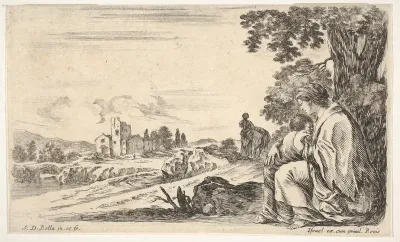 A peasant woman facing left in profile nurses a baby under a tree at right, a woman, seen from behind, walking next to a donkey in the middle ground, a church and bridge to left in background, from "Various figures and lands" (Diverse figure e paesi)