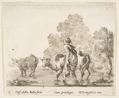 A peasant woman herds two cows across a stream, walking towards the left, plate 2 from "Diversi capricci"