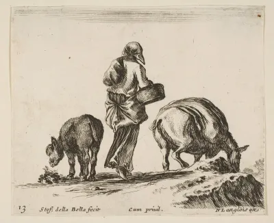 A peasant woman, seen from the back, holding a basket in center, a donkey to left and a horse with a pack on its back to right, plate 13 from "Diversi capricci"