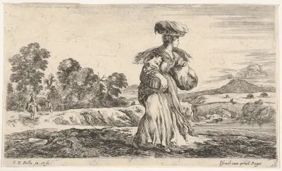 A peasant woman, standing in center facing right, carrying one basket on her head and another in her right arm, another peasant woman on a donkey and a figure on foot to left in the background, from "Various figures and lands" (Diverse figure e paesi