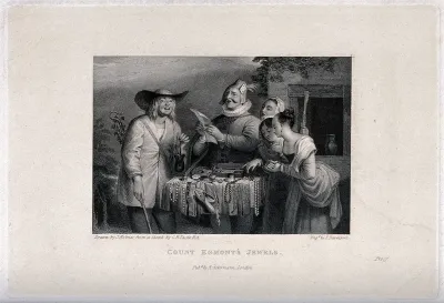 A pedlar of jewelry reads from a sheet, ladies inspect his wares, and a shepherd looks delighted
