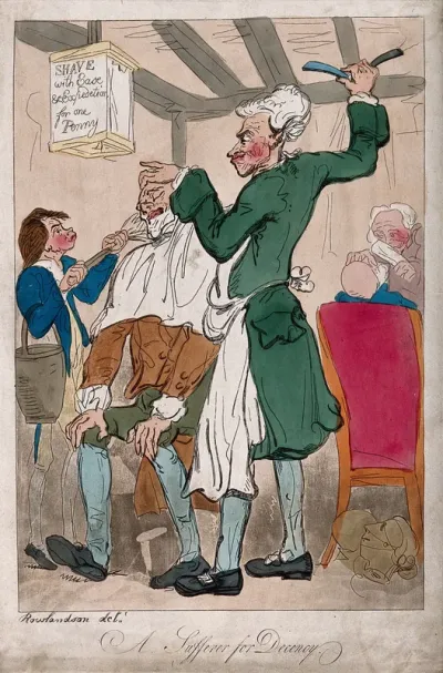 A penny-barber preparing to shave a seated customer who is being lathered with a large brush by a boy assistant, in the background another barber shaves another customer
