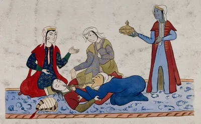 A Persian healer is administering nasal medication to a man lying on the floor; three men in the background